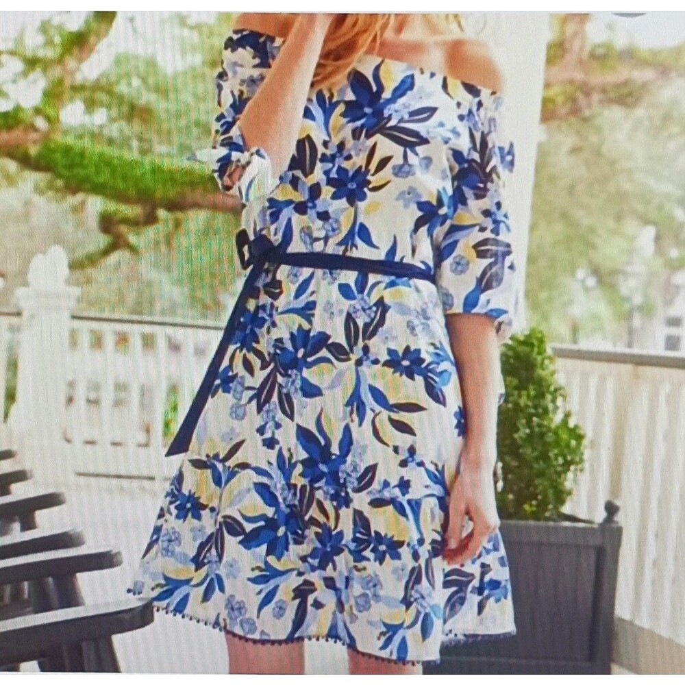 Drapper James Off Shoulder Blue/Yellow Floral Dress Belted Ruffle Hem Sz S